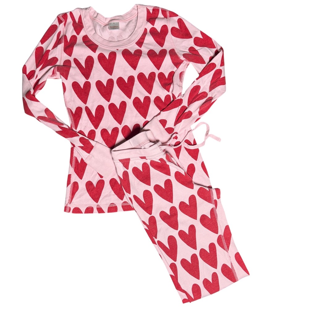 Hanna Andersson Womens XS Pink Red Heart Organic Cotton Pajama Set Cozy